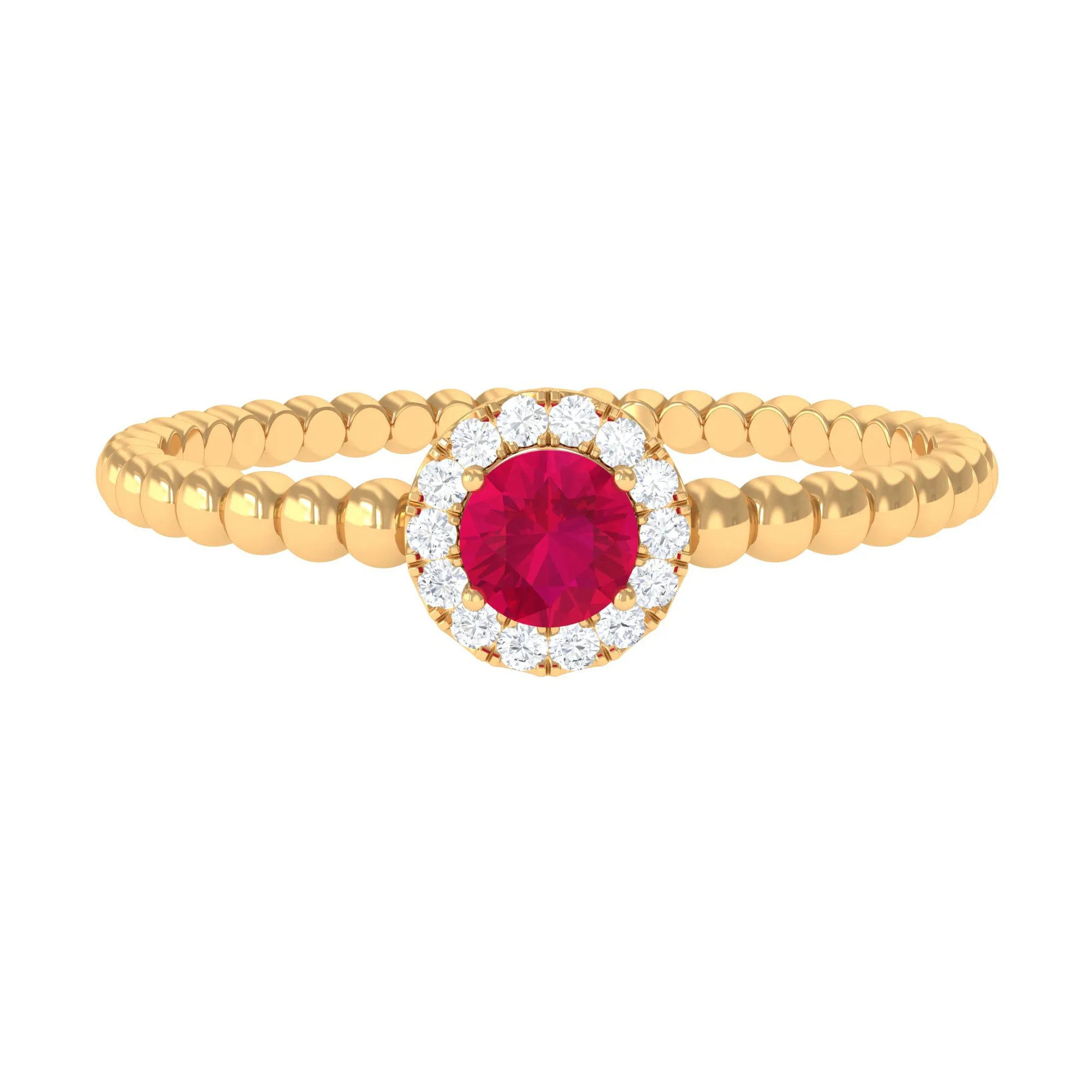 Ruby and Diamond Halo Engagement Ring with Bubble Shank