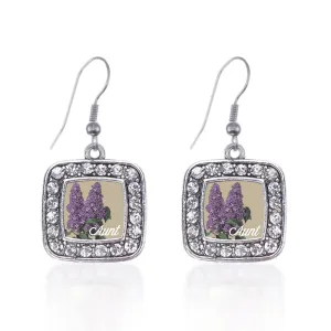 Silver Aunt Lilac Flower Square Charm Dangle Earrings