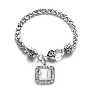 Silver Baseball Square Charm Braided Bracelet