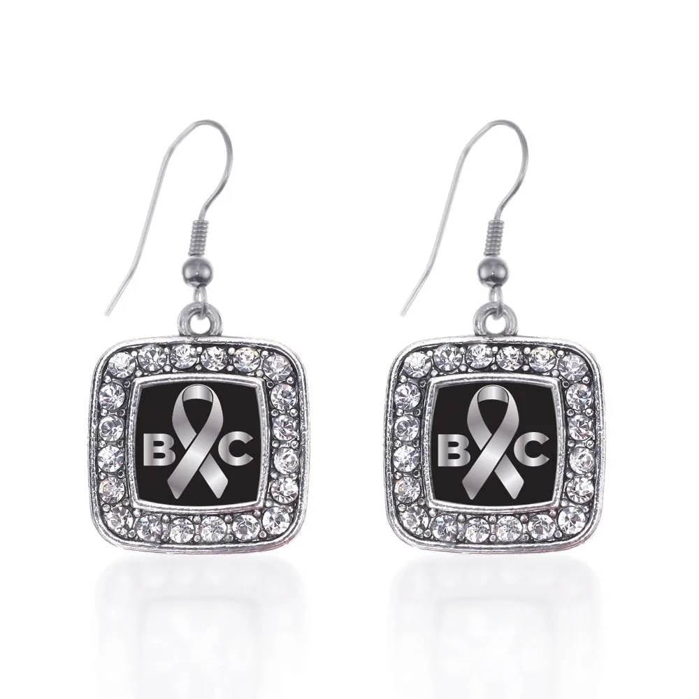 Silver Brain Cancer Awareness and Support Square Charm Dangle Earrings