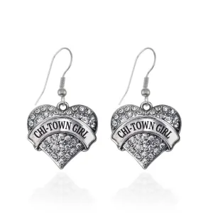 Silver Chi-Town Girl Pave Heart Charm Dangle Earrings