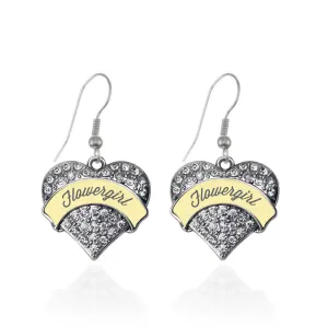 Silver Cream Flower Girl Pave Heart Charm Dangle Earrings