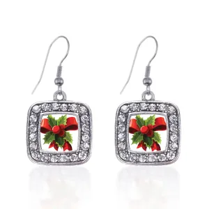 Silver Holly Plant Square Charm Dangle Earrings