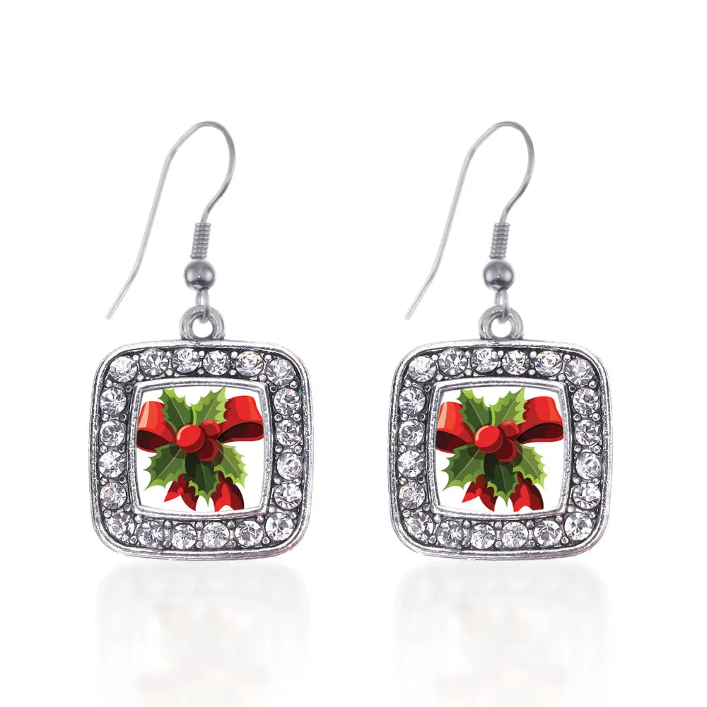 Silver Holly Plant Square Charm Dangle Earrings