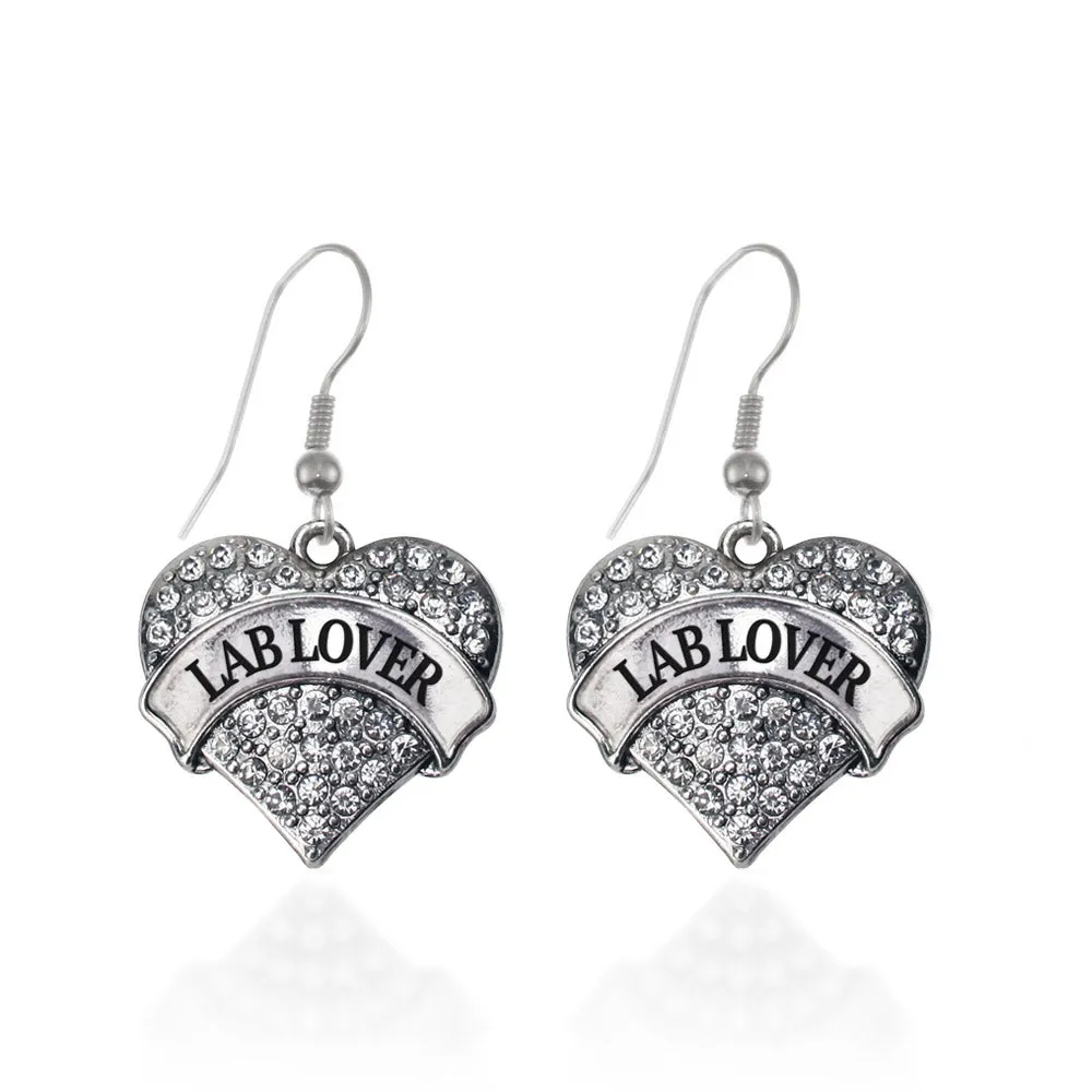 Silver Lab Lover Pave Heart Charm Dangle Earrings