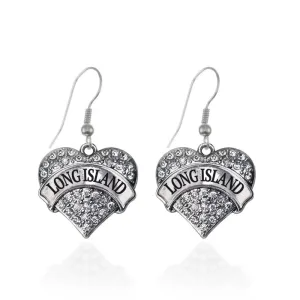 Silver Long Island Pave Heart Charm Dangle Earrings