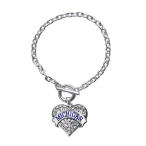 Silver Michigan Pave Heart Charm Toggle Bracelet