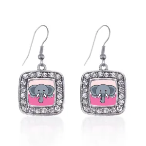 Silver Peeking Elephant Square Charm Dangle Earrings