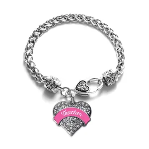 Silver Pink Teacher Pave Heart Charm Braided Bracelet