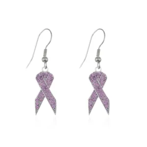 Silver Purple Ribbon Charm Dangle Earrings