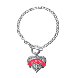 Silver Red Jingle Bells Pave Heart Charm Toggle Bracelet