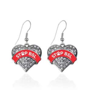 Silver STOP BSL - Red Pave Heart Charm Dangle Earrings