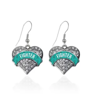 Silver Teal Fighter Pave Heart Charm Dangle Earrings