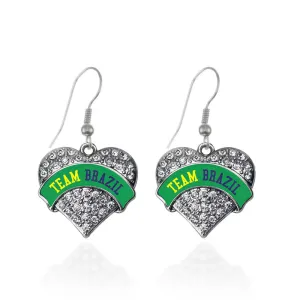 Silver Team Brazil Pave Heart Charm Dangle Earrings