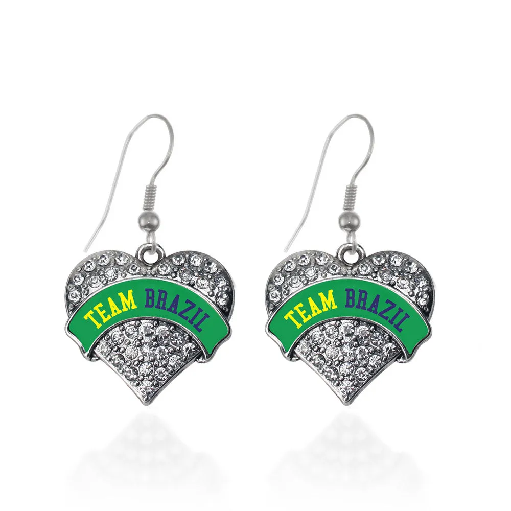 Silver Team Brazil Pave Heart Charm Dangle Earrings