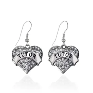 Silver Tutor Pave Heart Charm Dangle Earrings