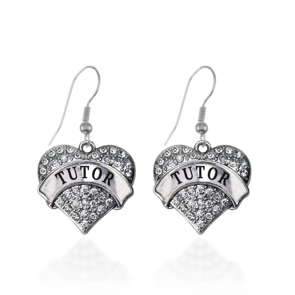 Silver Tutor Pave Heart Charm Dangle Earrings