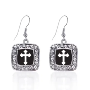 Silver Vintage Cross Square Charm Dangle Earrings