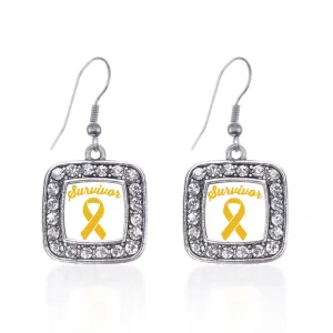 Silver Yellow Ribbon Survivor Square Charm Dangle Earrings