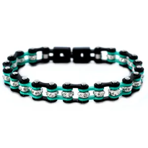 SK2023 3/8" Wide MINI MINI SIZE Two Tone Black Aquamarine With White Crystal Centers Stainless Steel Motorcycle Bike Chain Bracelet