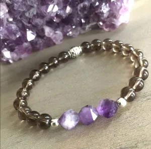 Smoky Quartz, Amethyst Single Mala Bracelet