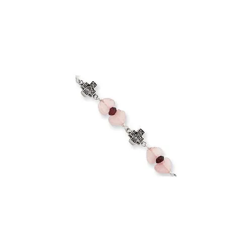 Sterling Silver Garnet Bead Rose Quartz & Marcasite Cross Bracelet