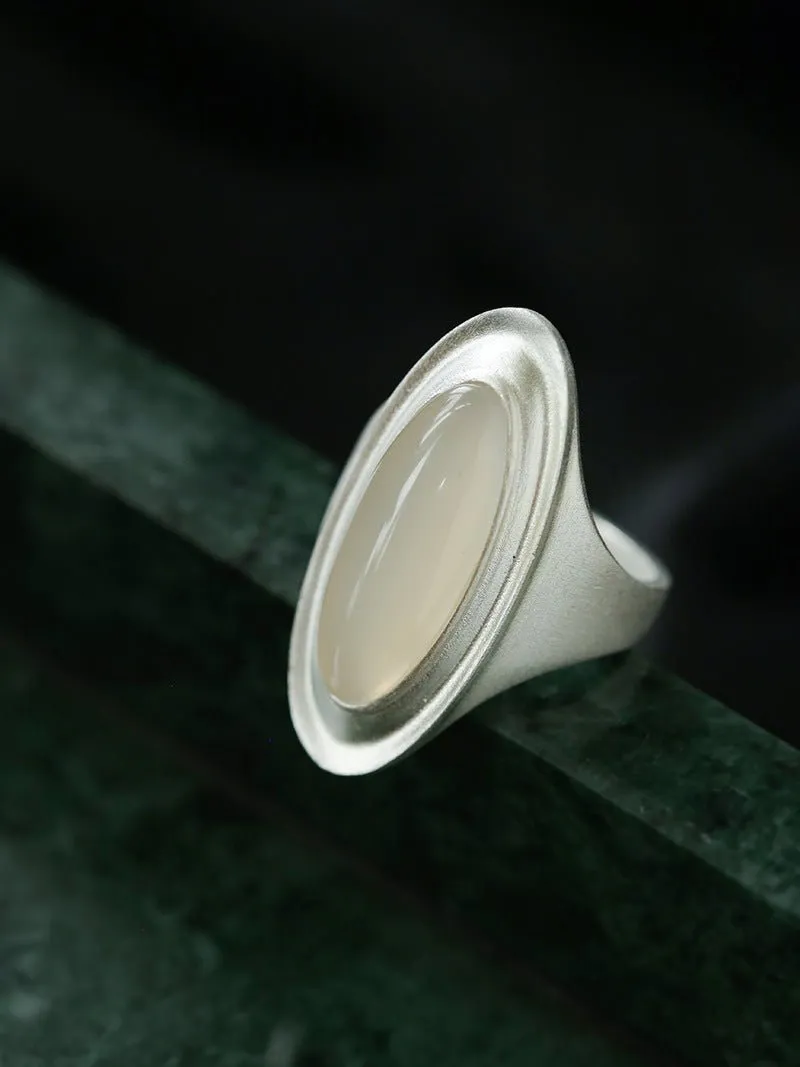 Sterling Silver Matte Black onyx and White Chalcedony Oval Ring