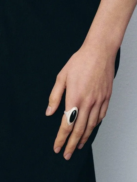 Sterling Silver Matte Black onyx and White Chalcedony Oval Ring