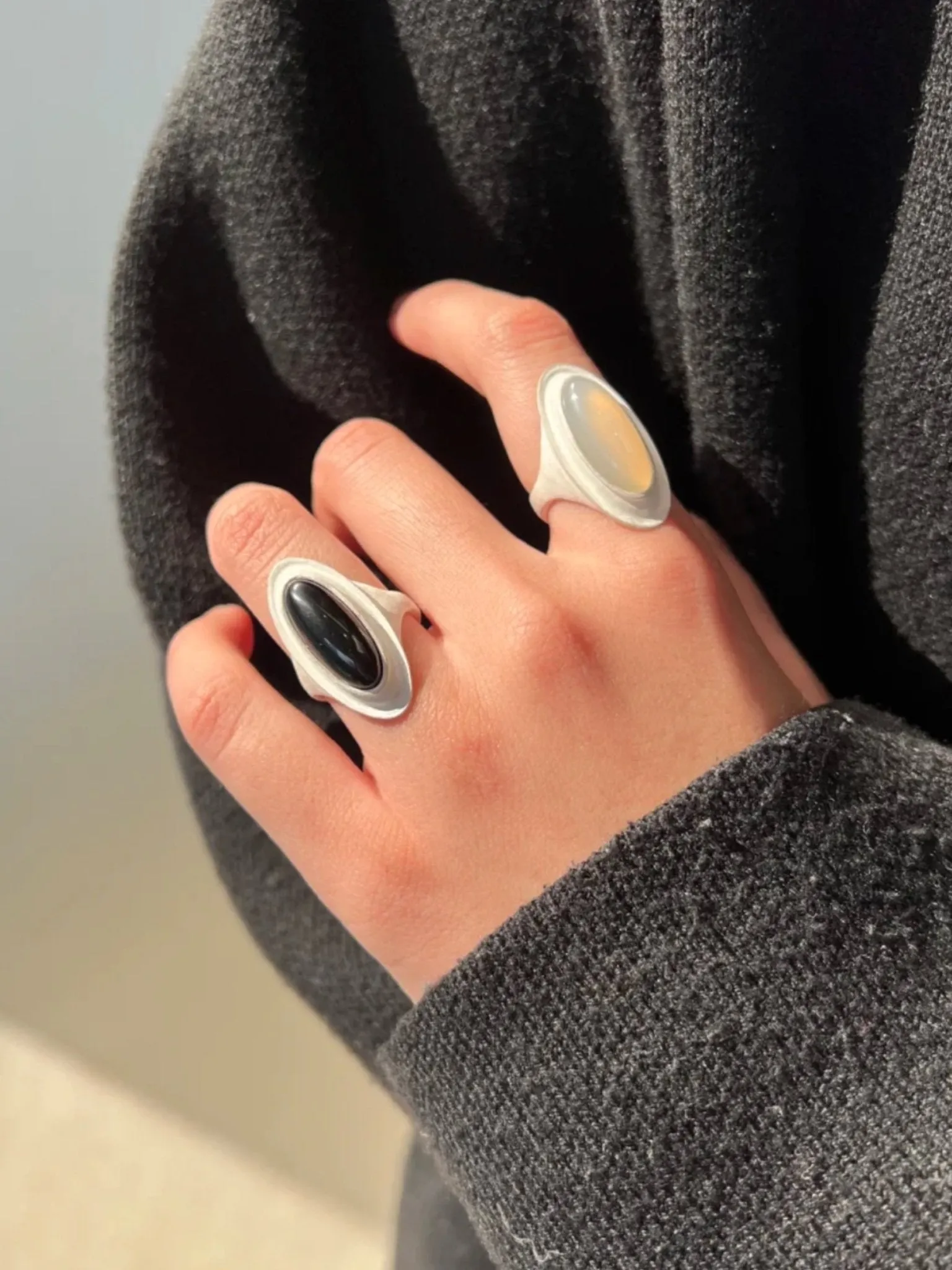 Sterling Silver Matte Black onyx and White Chalcedony Oval Ring