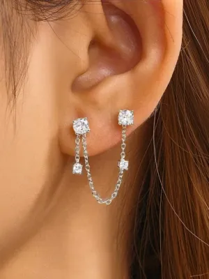 Stud Earring Set with detable Chain 925 Sterling Silver Zircon Hypoallergenic Luxury Earrings