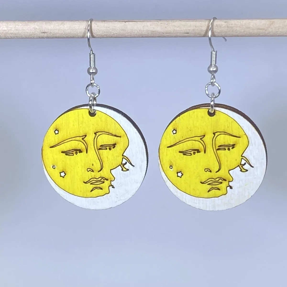 Sun and Moon Embracing Wooden Dangle Earrings by Cate's Concepts, LLC