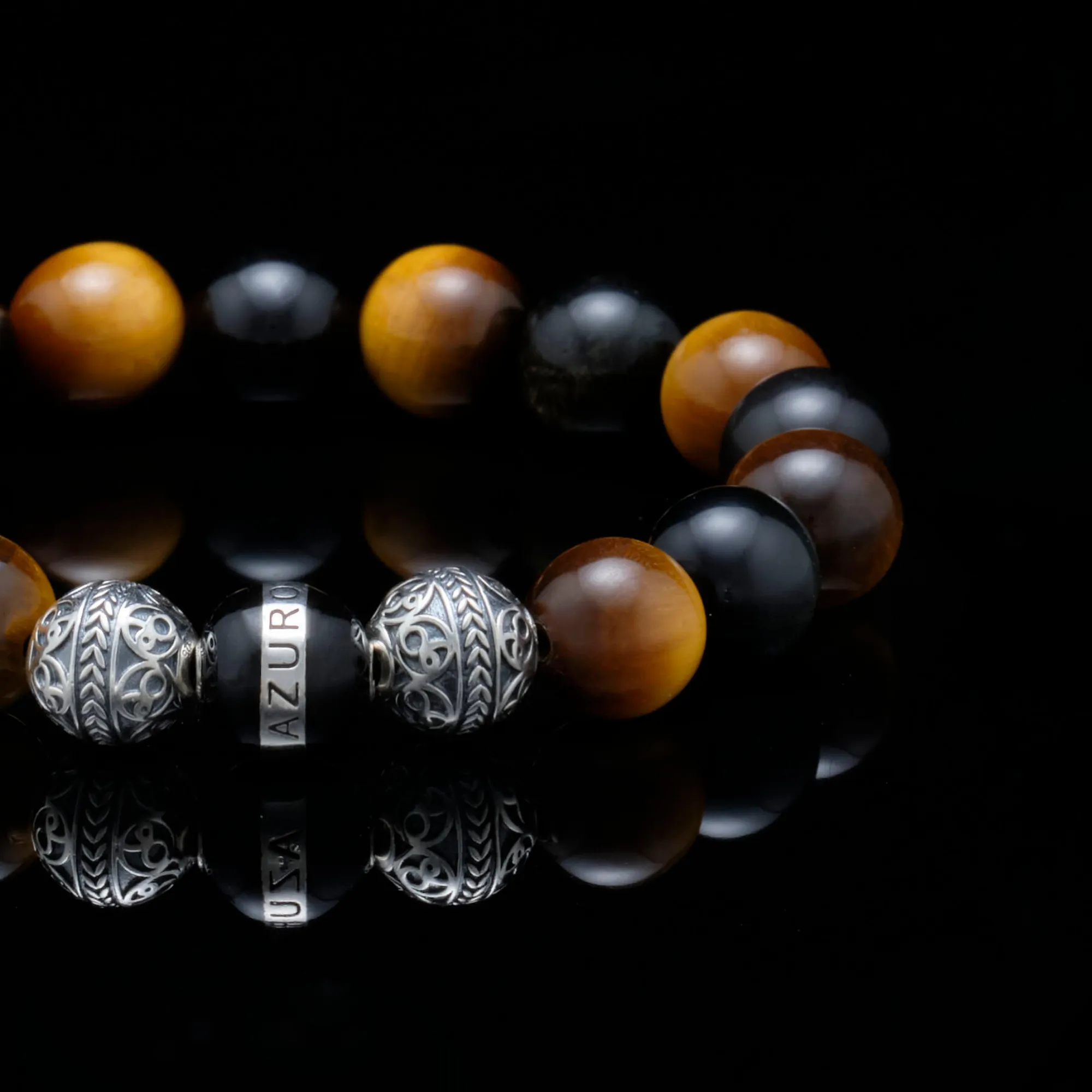 The Crouching Tiger | Silver Enamel Black Obsidian Tiger Eye Beaded Bracelet