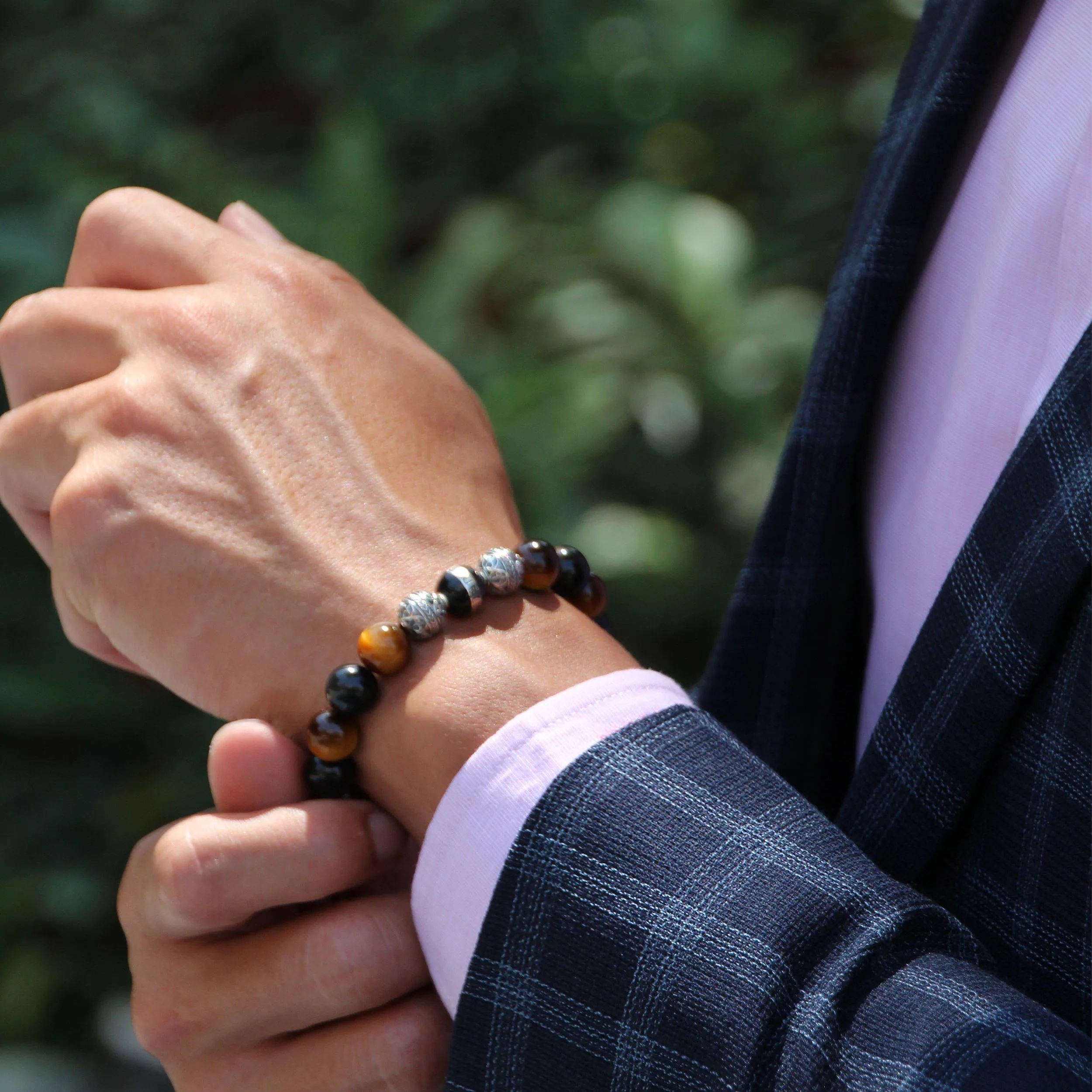 The Crouching Tiger | Silver Enamel Black Obsidian Tiger Eye Beaded Bracelet