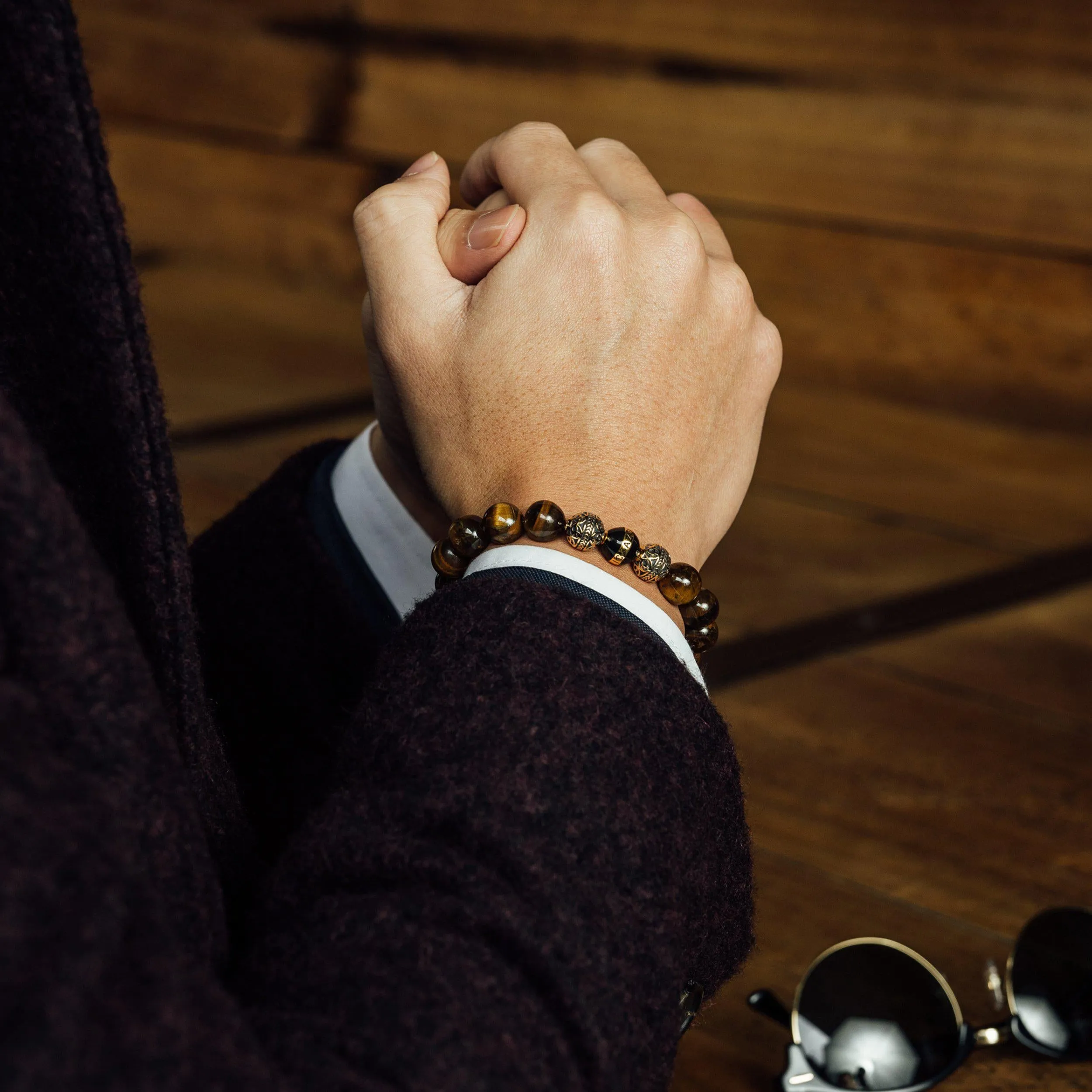 The Crouching Tiger | Silver Enamel Black Obsidian Tiger Eye Beaded Bracelet