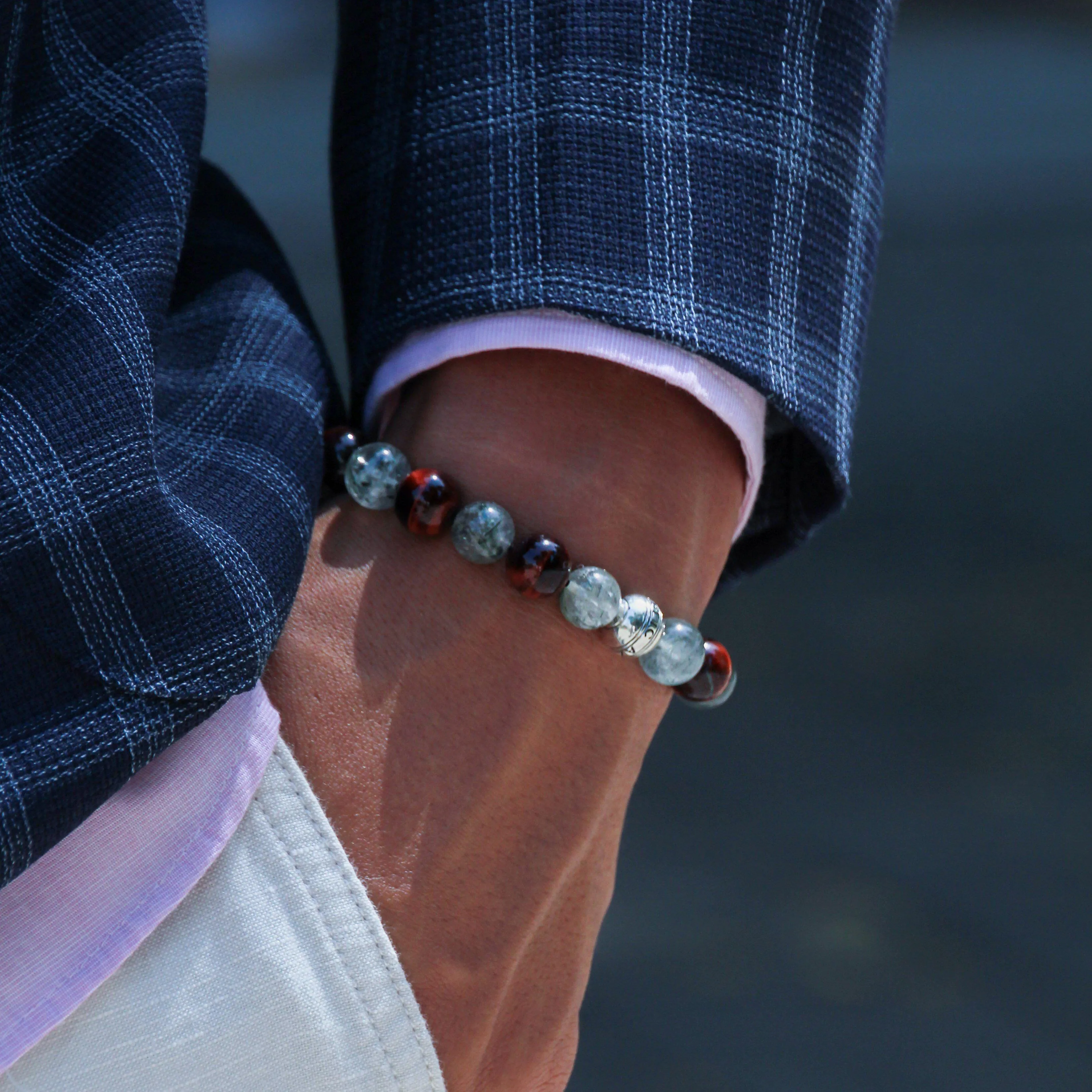 The Guardian | Silver Enamel Green Rutilated Quartz Stone Tiger Eye Beaded Bracelet