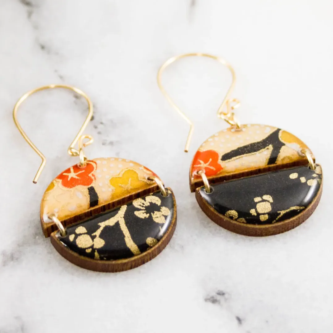 Two Halves Japanese Paper Earrings - Black & GOLD