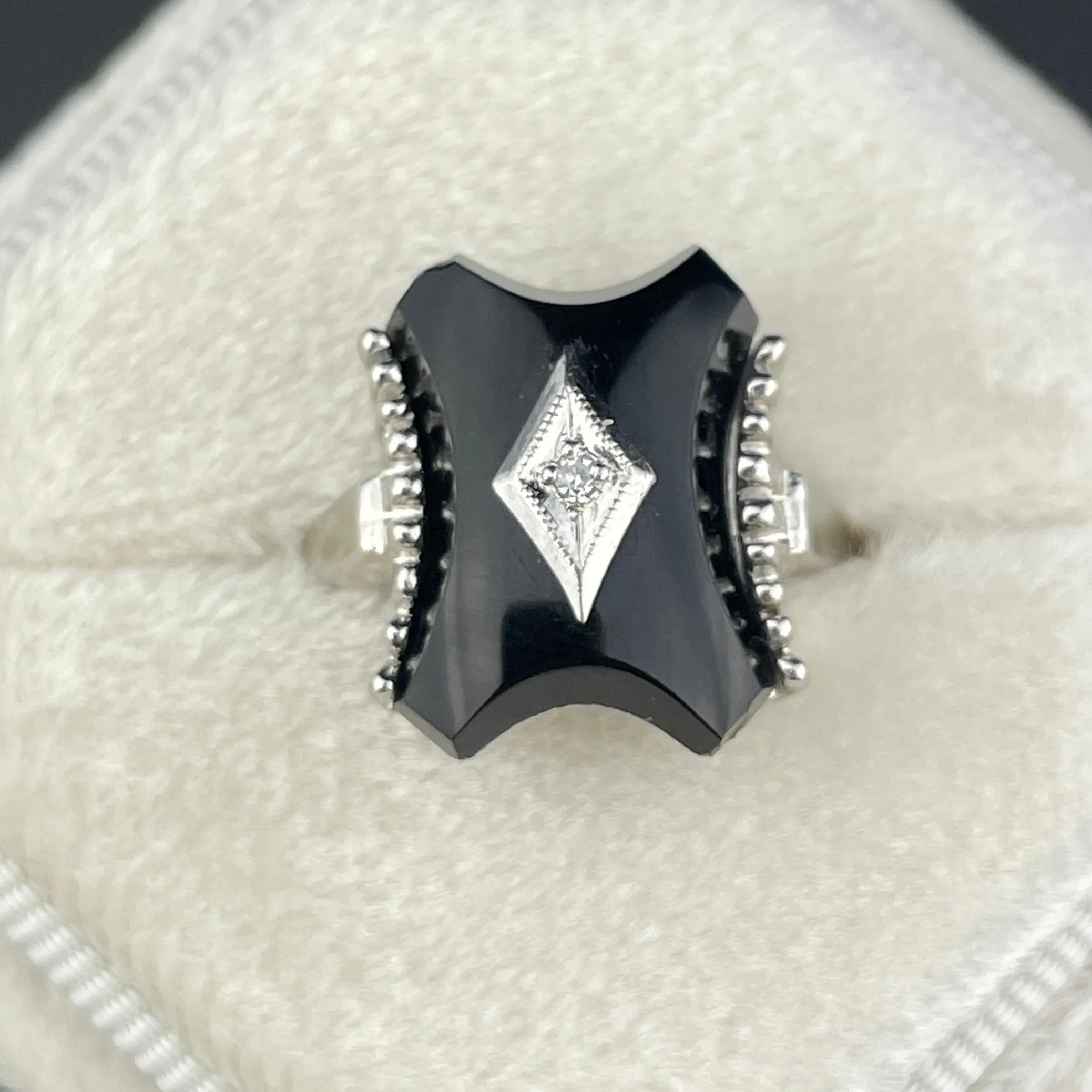 Vintage 10K White Gold Onyx Diamond Ring, Sz 6