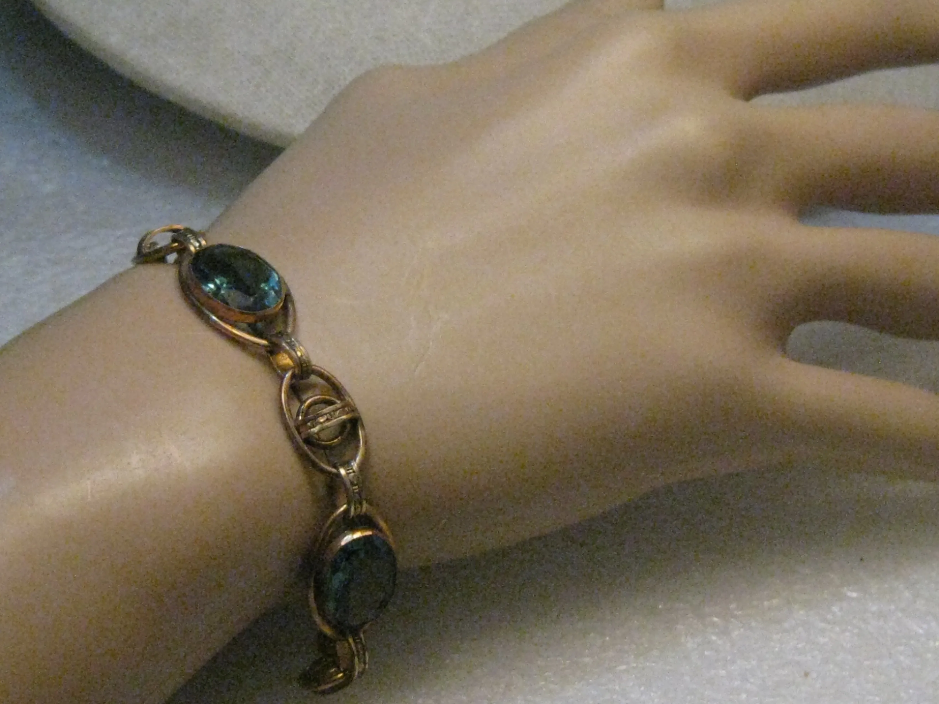 Vintage Art Deco Blue Stone Bracelet, 7" Gold Filled,  1940's, signed