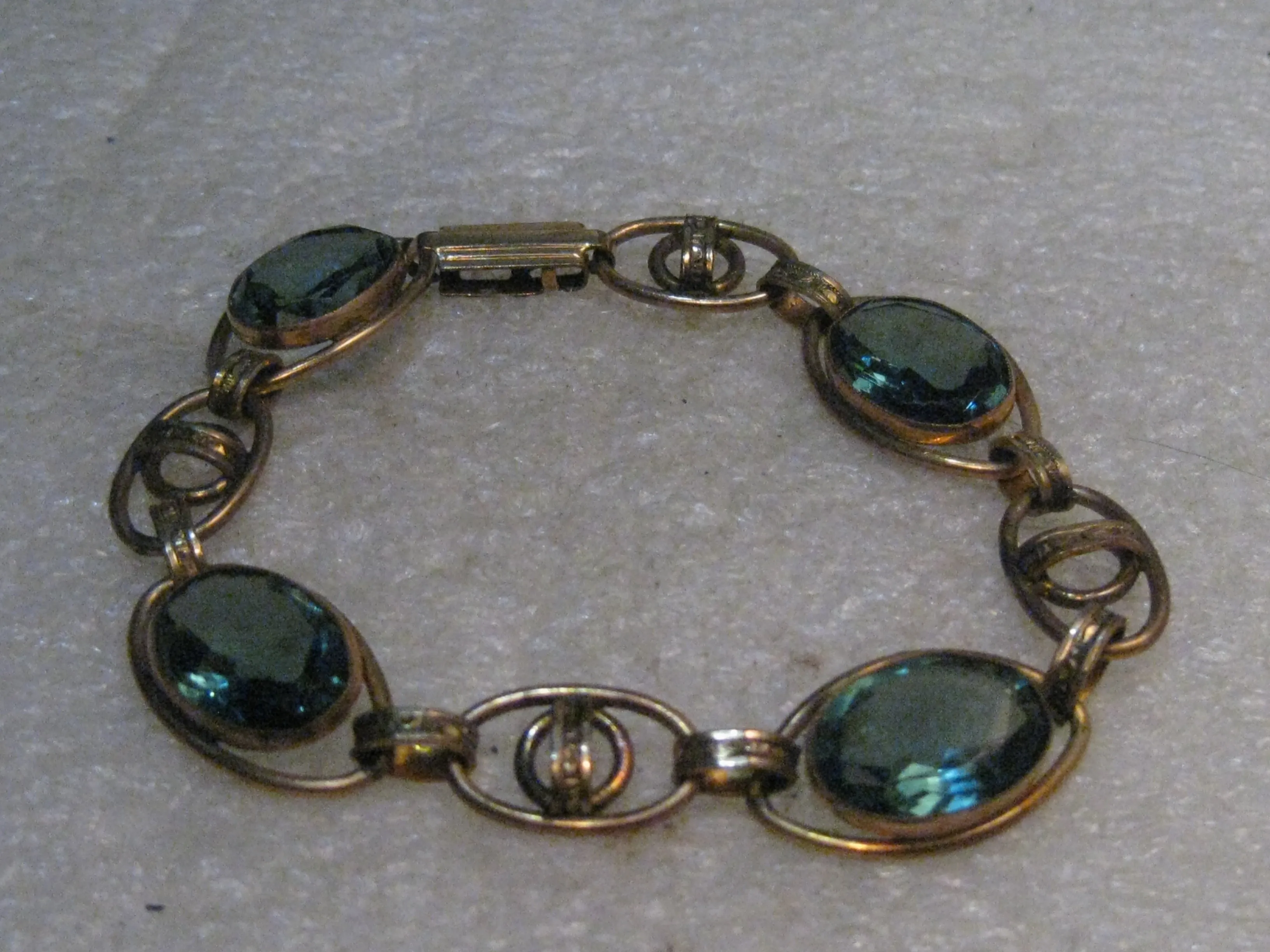 Vintage Art Deco Blue Stone Bracelet, 7" Gold Filled,  1940's, signed