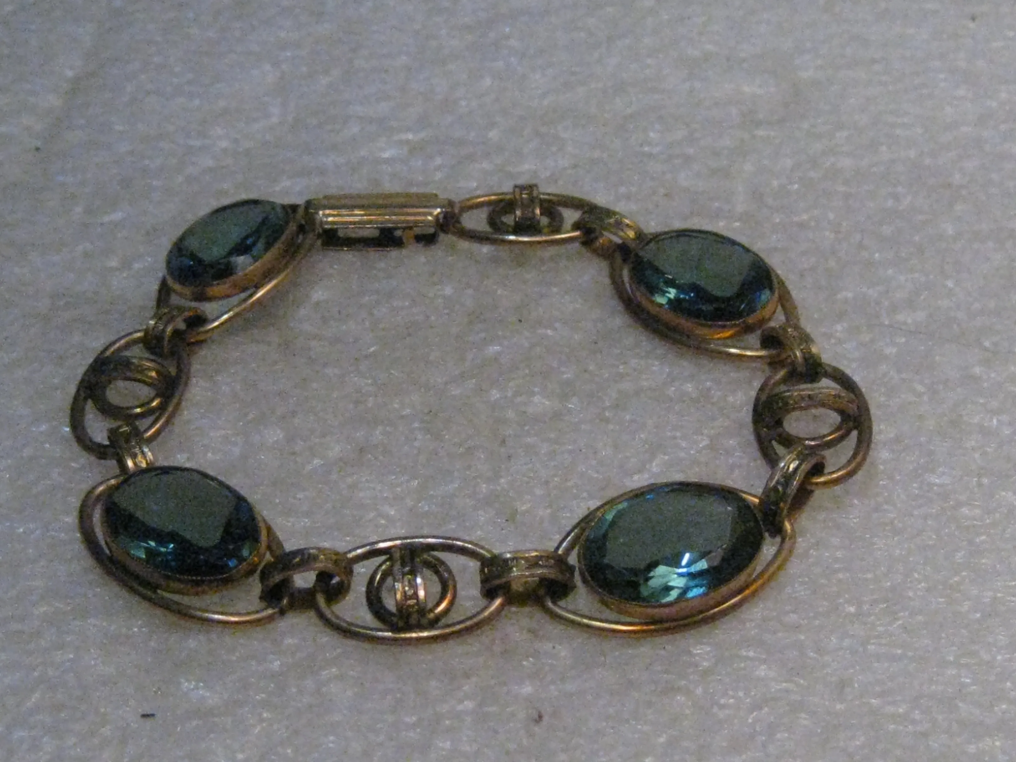 Vintage Art Deco Blue Stone Bracelet, 7" Gold Filled,  1940's, signed