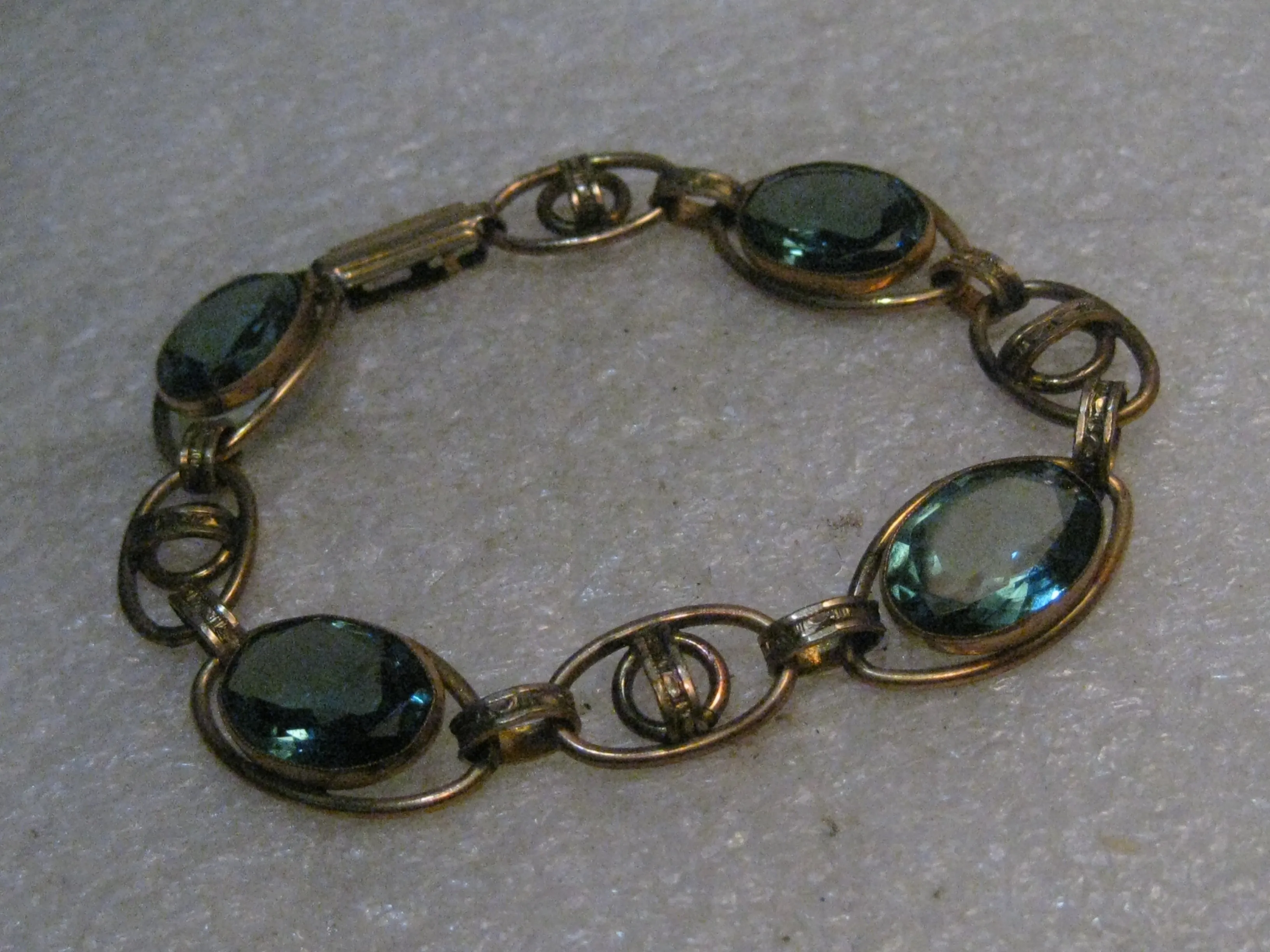 Vintage Art Deco Blue Stone Bracelet, 7" Gold Filled,  1940's, signed