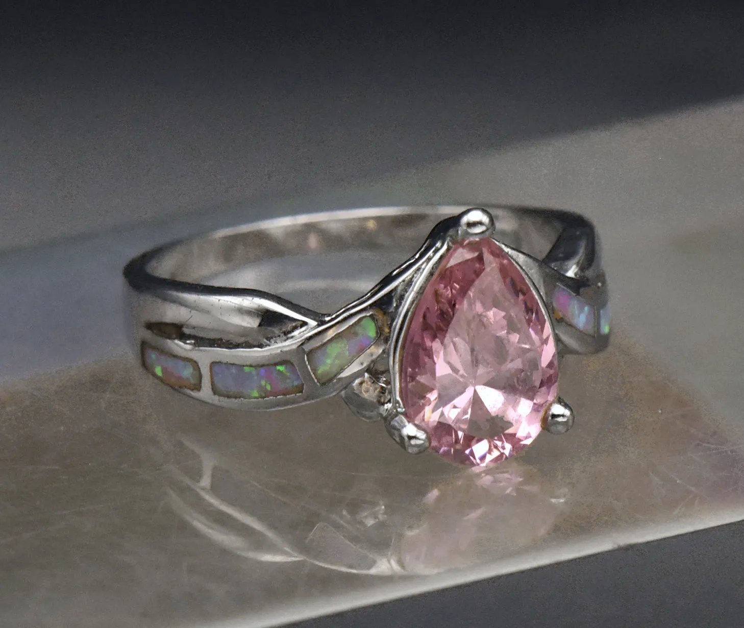 Vintage Pink Crystal and Opal Sterling Silver Ring - Size 8