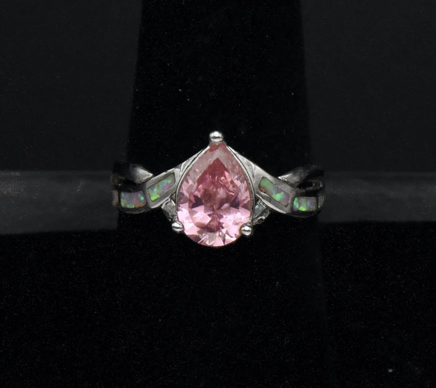 Vintage Pink Crystal and Opal Sterling Silver Ring - Size 8