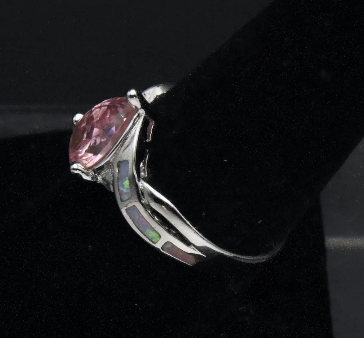 Vintage Pink Crystal and Opal Sterling Silver Ring - Size 8