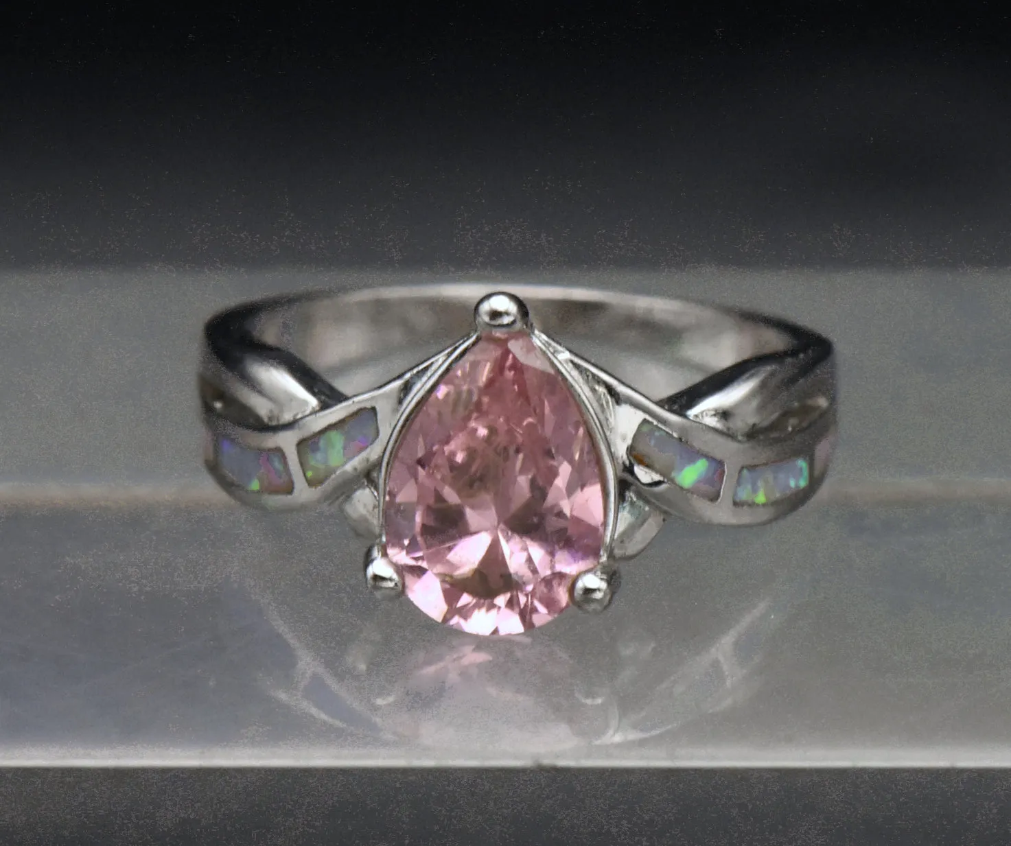 Vintage Pink Crystal and Opal Sterling Silver Ring - Size 8