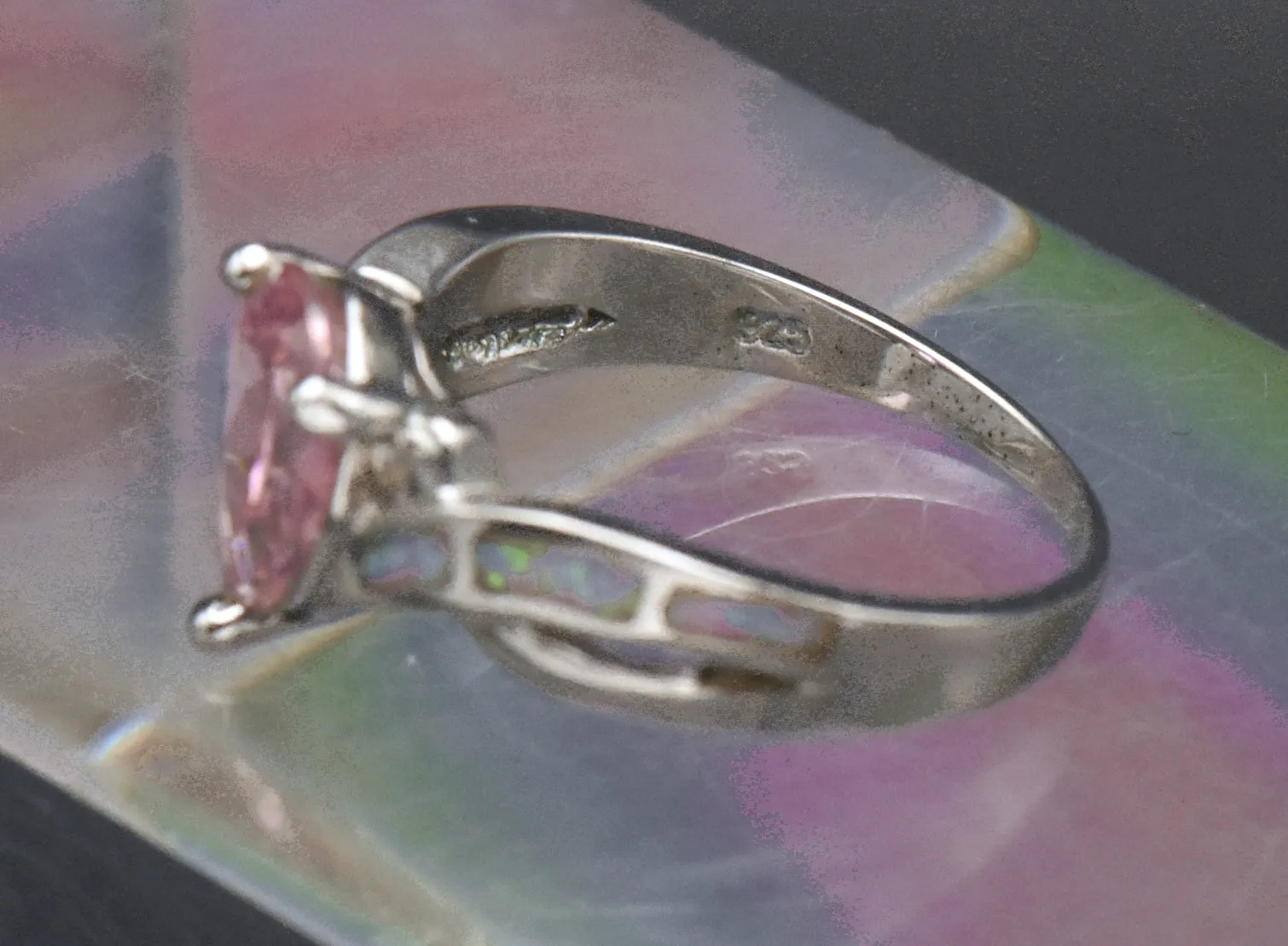 Vintage Pink Crystal and Opal Sterling Silver Ring - Size 8