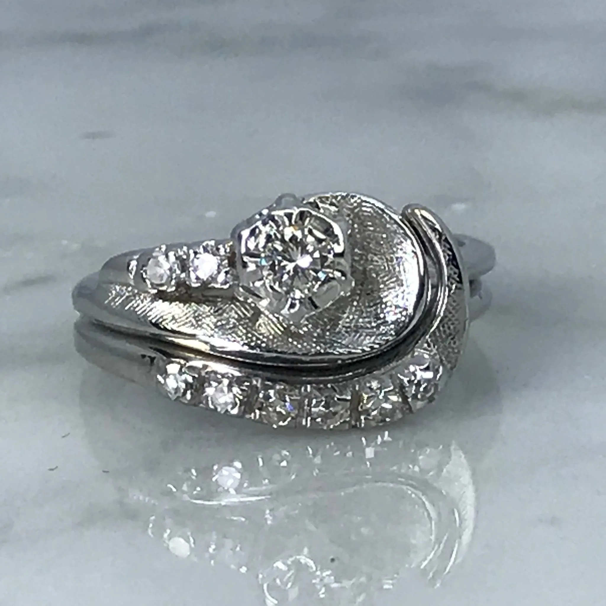 Vintage Wedding Ring Set. Diamond Engagement Ring. Diamond Wedding Band. 0.74 Carats. 14K White Gold Setting. Estate Jewelry. Bridal Set