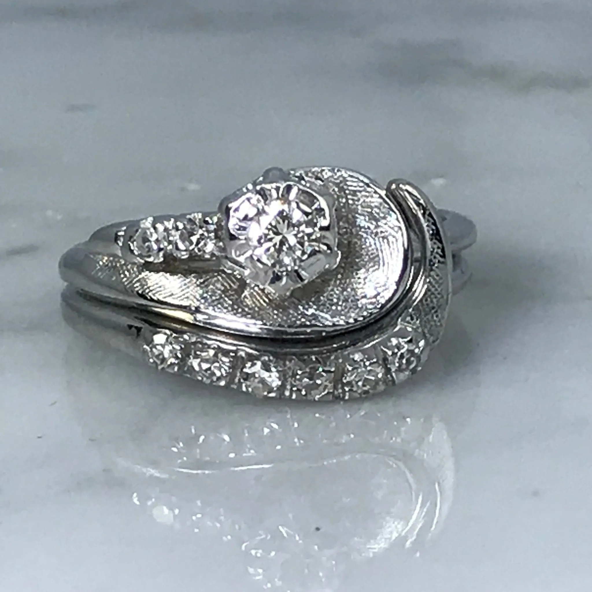 Vintage Wedding Ring Set. Diamond Engagement Ring. Diamond Wedding Band. 0.74 Carats. 14K White Gold Setting. Estate Jewelry. Bridal Set