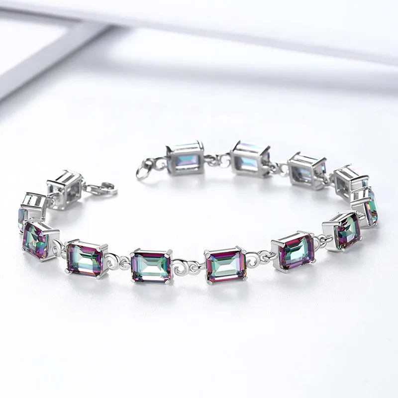 Women Tennis Bracelets Retro Square Rainbow Mystic Topaz Jewelry Gifts 925 Sterling Silver