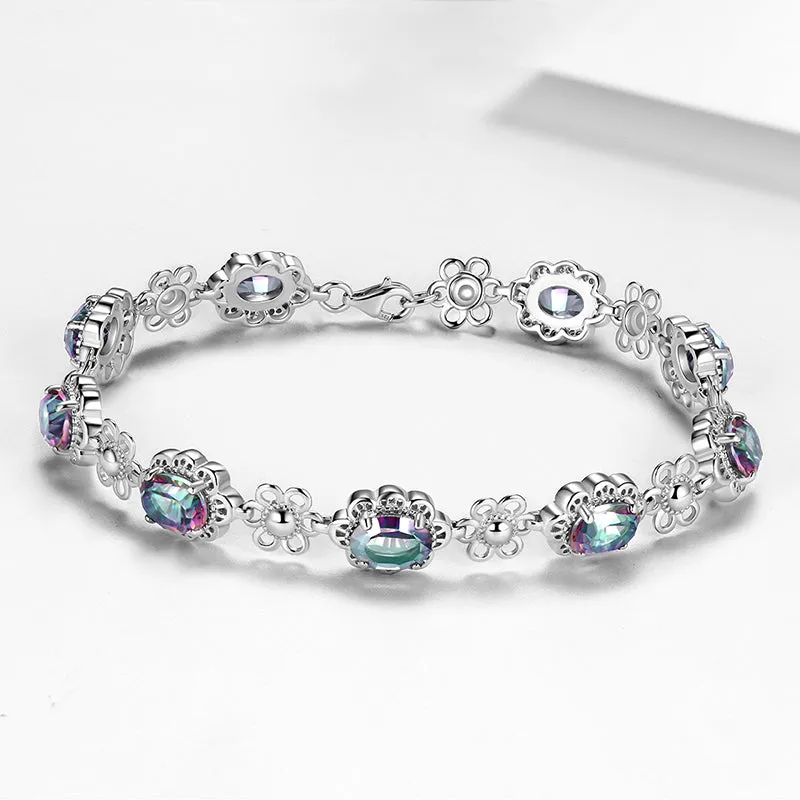 Women Vintage Tennis Bracelet Rainbow Mystic Topaz Jewelry Flower Oval Girls Gifts 925 Sterling Silver